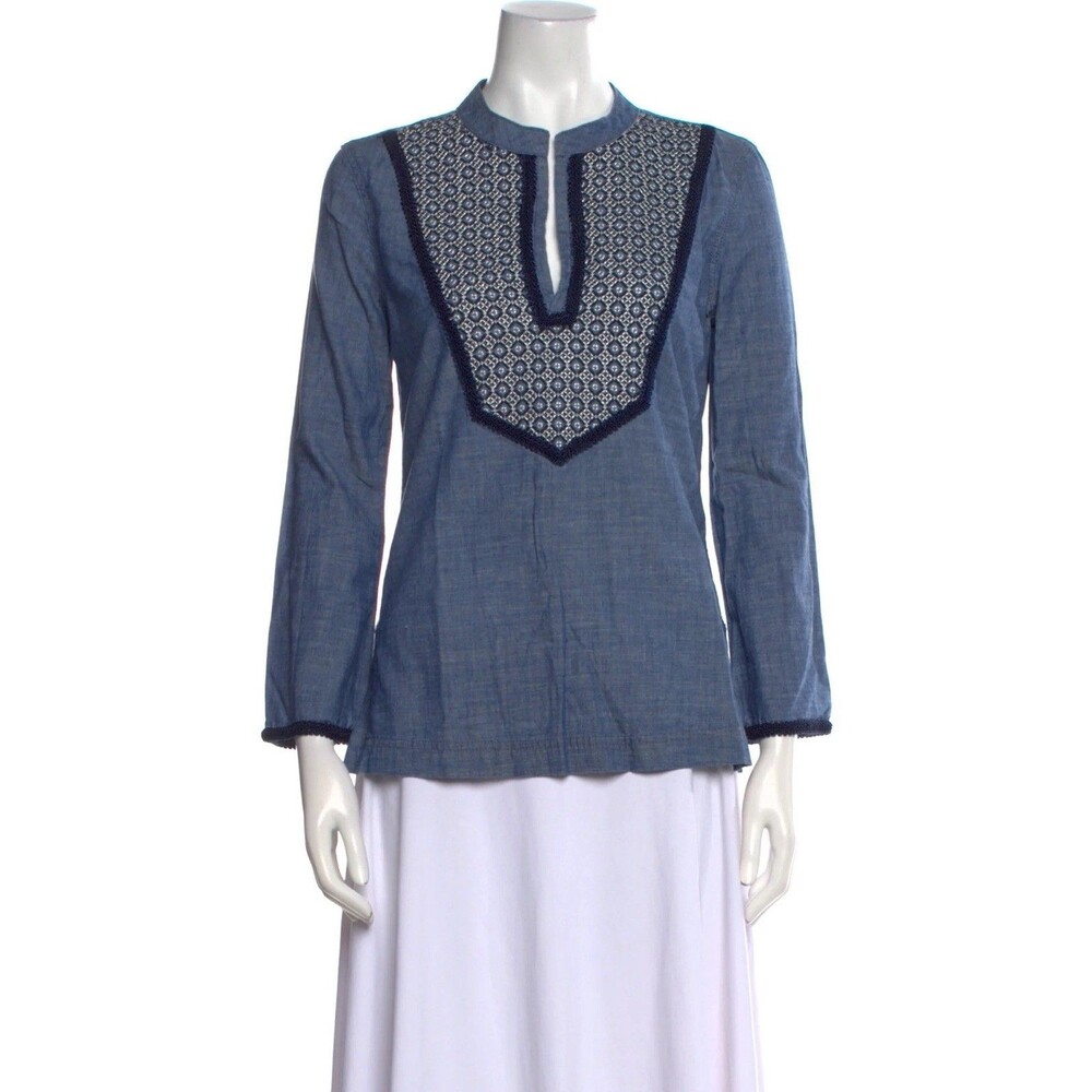 Tory Burch Womens Shirt Size XS 2 Blue Embroidery Was Designer Denim Minimalist